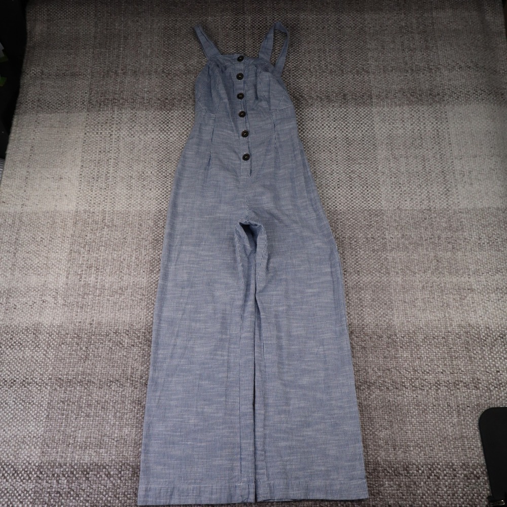 Japna Pinstripe Jumpsuit Womens Small Blue White Wide Leg Button Front Cotton